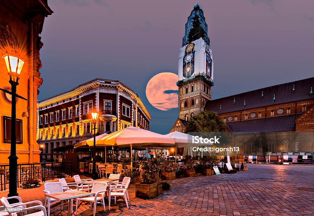 Nocturnal view on  central square in old  Riga, Latvia Riga is the capital of Latvia and known as a famous tourist place in Baltic region Riga Stock Photo