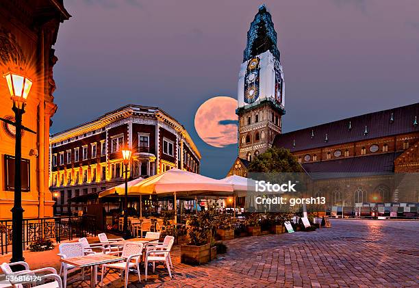 Nocturnal View On Central Square In Old Riga Latvia Stock Photo - Download Image Now