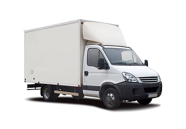 autocarro bianco isolato - delivery van truck delivering moving van foto e immagini stock