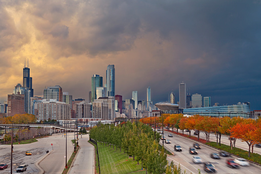 Image of Chicago downtown with dramatic sky in autumn.