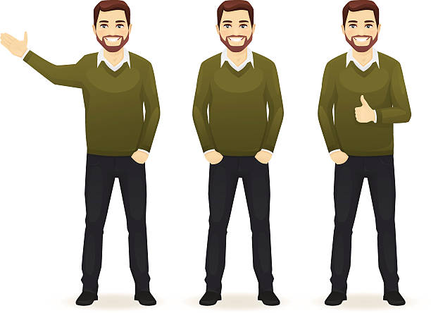 Set of casual business man Set of standing business man in different poses wearing casual clothes isolated. Thumbing up, showing and with hands in pocket. folded sweater stock illustrations