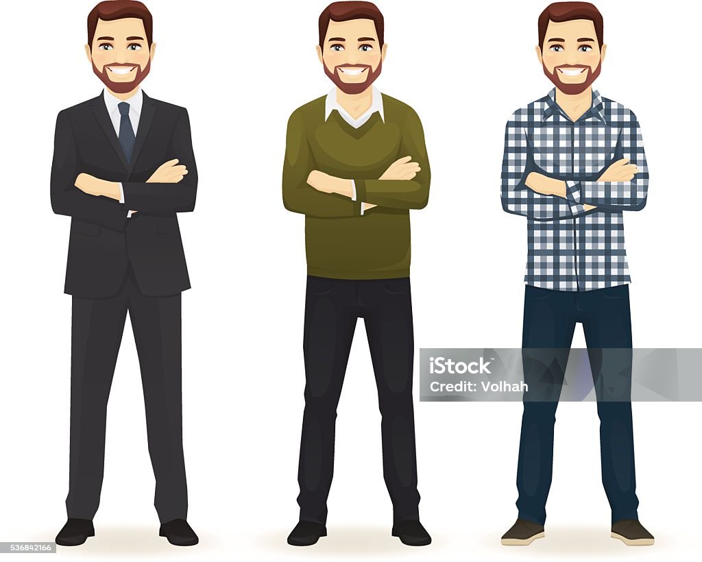 Set of man in different clothes Smiling hadsome man in different style clothes with arms crossed standing isolated on white background Casual Clothing stock vector