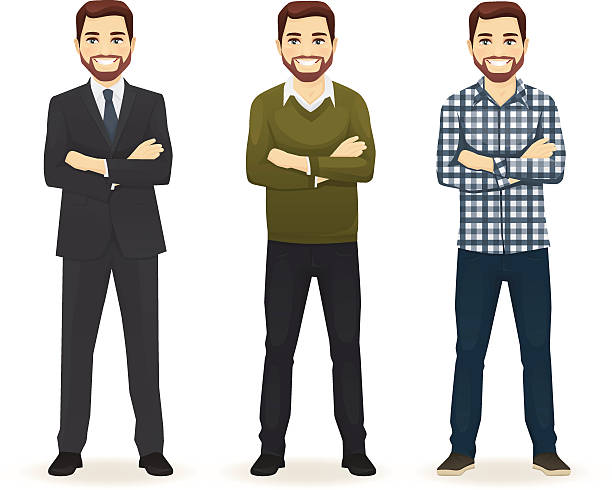 Set of man in different clothes Smiling hadsome man in different style clothes with arms crossed standing isolated on white background formalwear illustrations stock illustrations