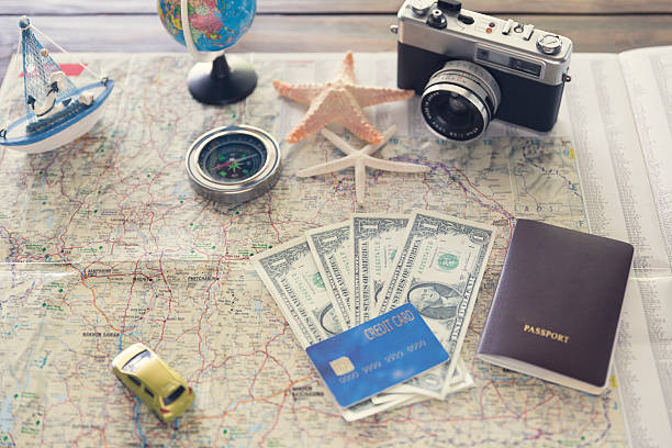 istock compass, passport, credit card, banknote, globe, camera, map, sh 536844818