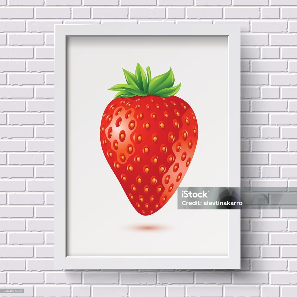 White brick wall pattern with picture frame and strawberry in White brick wall pattern with picture frame and strawberry in it. Vector illustration.  2015 stock vector