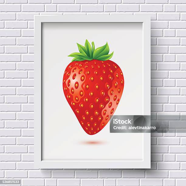 White Brick Wall Pattern With Picture Frame And Strawberry In Stock Illustration - Download Image Now