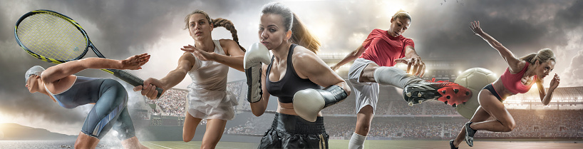 A Composite montage image of five female athletes in action from various sports – swimmer or triathlete about to dive in sea, tennis, player hitting ball boxer or kickboxer ready to fight, footballer kicking soccer ball, and athlete sprinting on track. Set in generic stadiums and arenas under dramatic evening skies. 