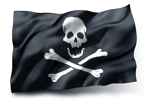 Black pirate flag with skull and crossbones symbol isolated on white background