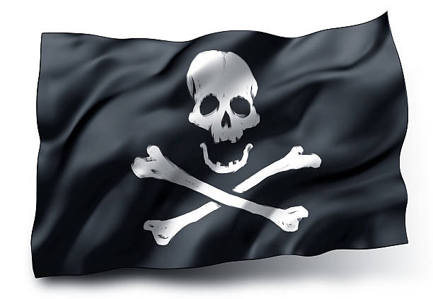 Pirate flag Jolly Roger Black pirate flag with skull and crossbones symbol isolated on white background pirate flag stock pictures, royalty-free photos & images