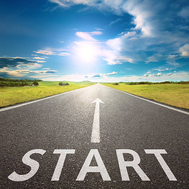 istock Empty asphalt road with a sign start against sun 536854471