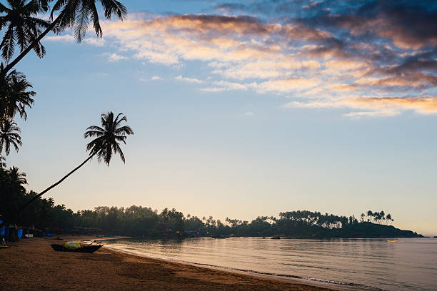 Beautiful sunset over tropical beach Beautiful sunset over a tropica beach with bent coconut palm trees and a fishing boat palolem beach stock pictures, royalty-free photos & images