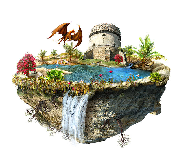 isla con dragon y la torre del castillo - lindworm fotografías e imágenes de stock