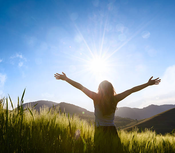 istock woman silhouette with hands outstretched in wheat field 536856349