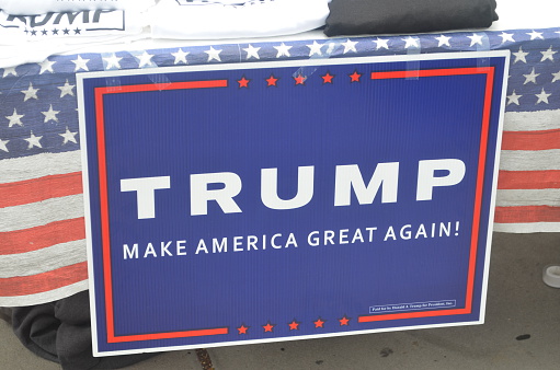San Diego, CA. USA. May 27, 2016: A Trump, Make America Great Again sign outside the Donald Trump Presidential campaign rally in downtown San Diego. 