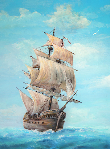 Oil painting of an old sailing ship on a clear day, my own artwork.