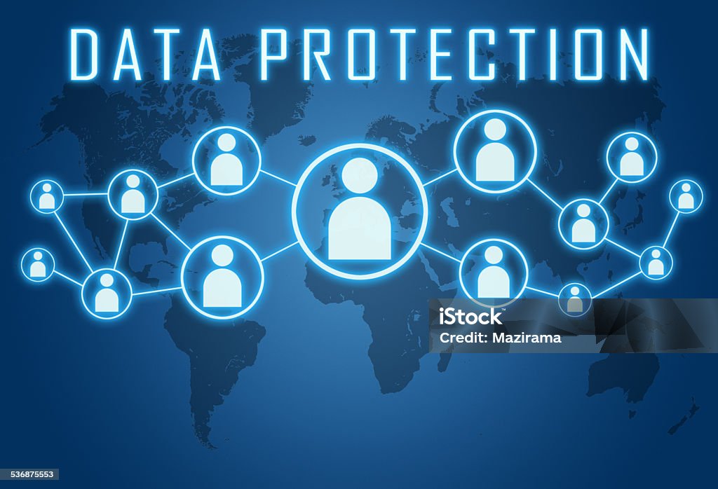 Data Protection Data Protection concept on blue background with world map and social icons. 2015 Stock Photo