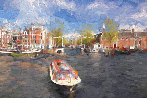 Famous Amsterdam city in Holland, artwork in painting style