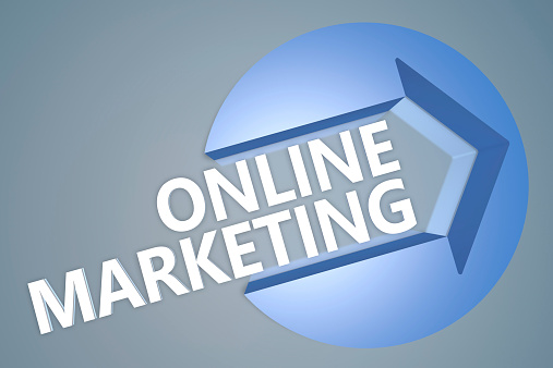 Online Marketing - 3d text render illustration concept with a arrow in a circle on blue-grey background