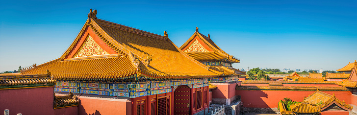 The iconic terracotta rooftops and ornate pagoda eaves of the ancient Forbidden City, the UNESCO World Heritage Site at the heart of Beijing, China's vibrant capital city. ProPhoto RGB profile for maximum color fidelity and gamut.