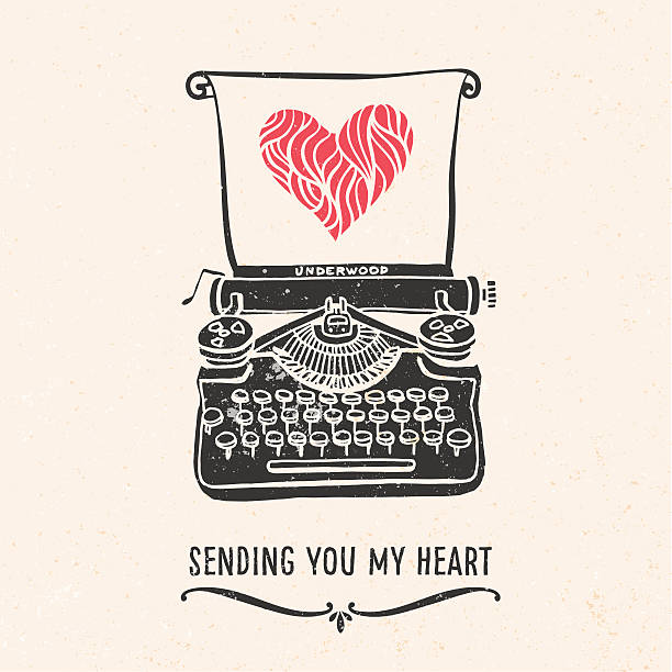 Dia dos Namorados Cartão de saudação com dizeres, máquina de escrever, coração - ilustração de arte em vetor