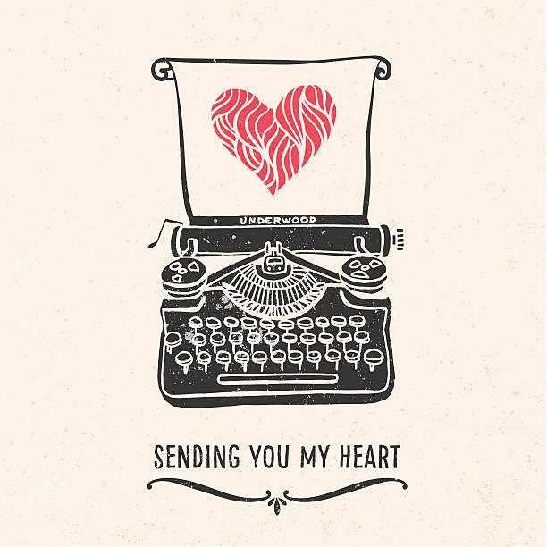 Valentine's day greeting card with lettering, typewriter, heart and other decorative elements. Vector hand drawn illustration. retro typewriter stock illustrations