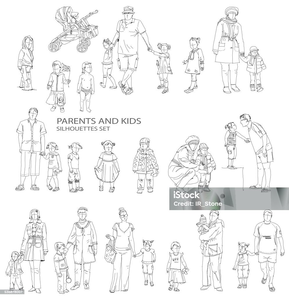 Kids and parents silhouettes, sketch collection Family stock illustration