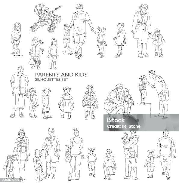 Kids And Parents Silhouettes Sketch Collection Stock Illustration - Download Image Now - Family, Drawing - Activity, Mother