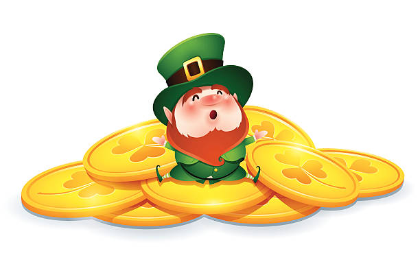 ilustraciones, imágenes clip art, dibujos animados e iconos de stock de duende irlandés y monedas de oro - clover st patricks day welcome sign greeting