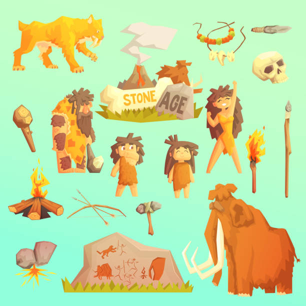 Life stone age Primitive man. Ice age. Life stone age Primitive man Ice age Cavemen. Stone age. Neanderthals. Homo sapiens. Extinct species. Evolution. Hunting. Flat design. rock painting craft stock illustrations