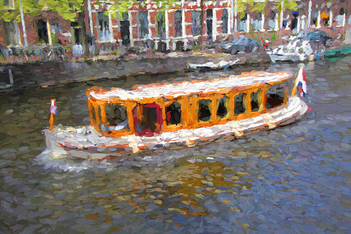 Amsterdam city with boats on canal in HollandFamous Amsterdam city in Holland, artwork in painting style