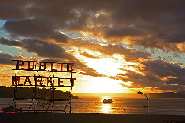 Seattle, USA - October 26, 2014: A scenic sunset near the Pike Place Market on October 16, 2014 in Seattle, USA.