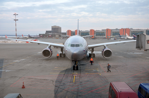 Moscow, Russia - February 15, 2013: Airplane of Aeroflot Russian Company after landing from Ho Chi Minh. Sheremetyevo International Airport is Russia's biggest airport.