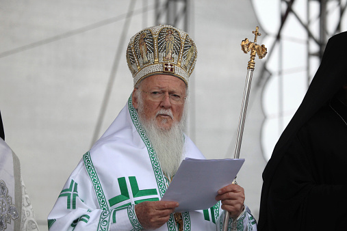 Mikulcice, Czech Republic - May 25, 2013: Patriarch Bartholomew I of Constantinople attends an orthodox service in honour of Saints Cyril and Methodius in Mikulcice, Czech Republic.