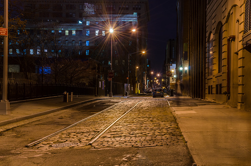 Cobbled Street with an old tramway within the Brooklyn's district of Dumbo