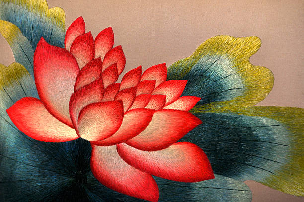 Blossom lotus flower Chinese silk embroidery of colorful lotus flowers tapestry photos stock pictures, royalty-free photos & images