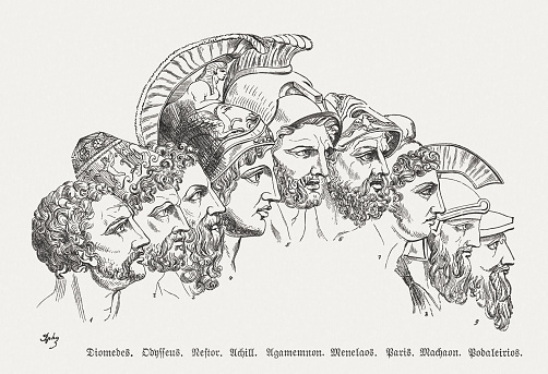The heroes of Trojan War, Greek mythology. Wood engraving, published in 1880.