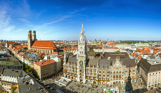 Aerial view of Munich, Germany: Marienplatz, New Town Hall and Frauenkirche