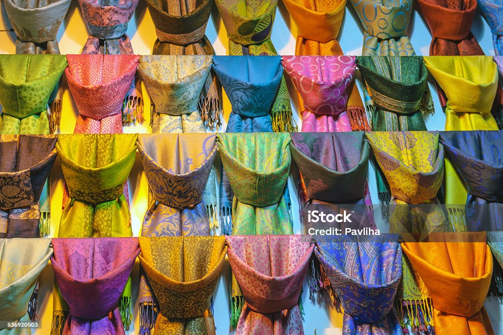 Beautiful Purple Pashmina Scarves, Grand Bazaar, Istanbul, Turkey Pashmina scarves on a stall in Grand Bazaar, Istanbul,Turkey. Blurred background. Nikon D3x Jammu and Kashmir Stock Photo
