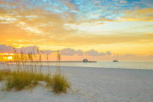 gulfport mississippi, dramtic alba dorata della spiaggia, il molo e barca per pesca di gamberetti, bay - sand beach sand dune sea oat grass foto e immagini stock