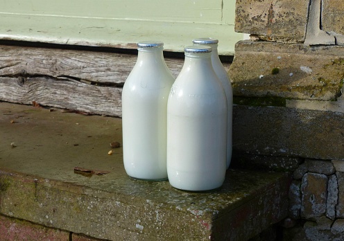 morning milk in traditional bottles delivered on a sunny spring day in England.