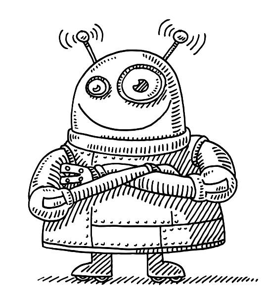 Cute Robot Folded Arms Drawing Hand-drawn vector drawing of a Cute Robot with Folded Arms. Black-and-White sketch on a transparent background (.eps-file). Included files are EPS (v10) and Hi-Res JPG. black and white futuristic face stock illustrations