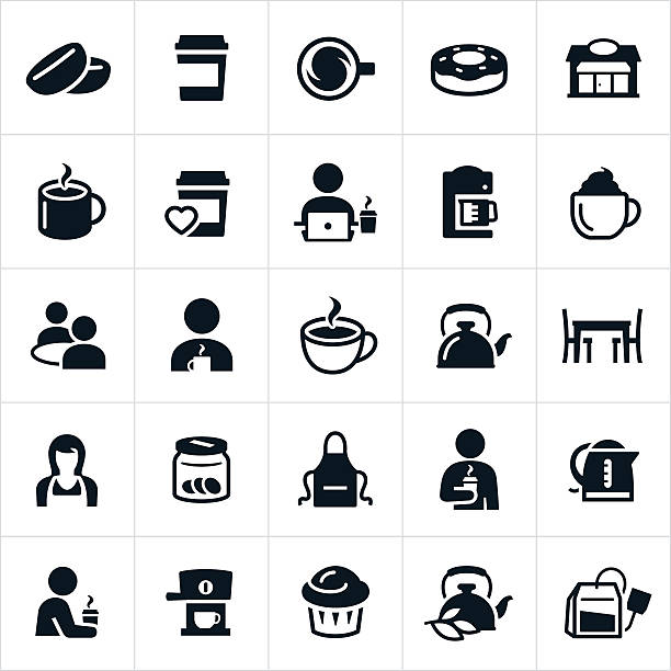 Coffee and Tea Icons Icons relating to coffee and tea. The icons include coffee beans, cups of coffee, coffee shop, doughnut, coffee, coffee maker, expresso, expresso machine, person drinking coffee, coffee at computer, tea, tea cup, kettle, table, barista, tip jar, apron, muffin and tea bag to name a few. barista stock illustrations