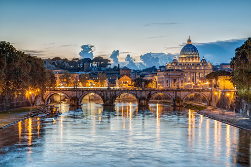 St. Peter’s Basilica at dusk in Rome, Italy