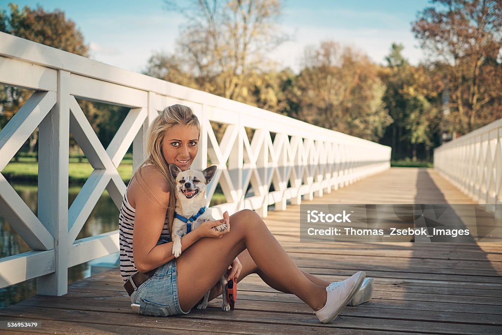 Blonde girl and chihuahua 2015 Stock Photo
