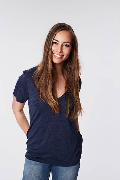 istock Gorgeous brunette in blue, smiling 536959234