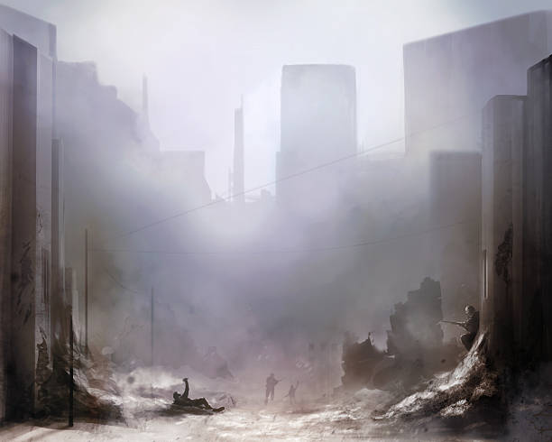 Battlefield art background Illustration of a world war 2 daylight battle scene with soldiers and destroyed buildings background. the ruined city stock illustrations