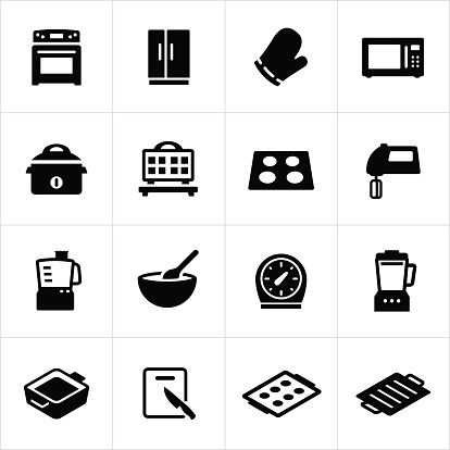 Common cooking appliance icons. Kitchen appliances, stove, refrigerator, microwave, oven, pans, cooking.