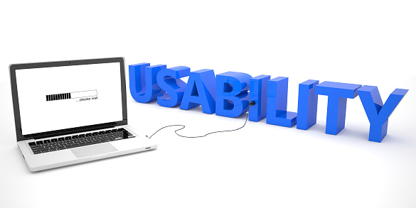 Usability - laptop computer connected to a word on white background. 3d render illustration.