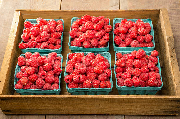 istock Fresh red raspberries on display at the market 537014529