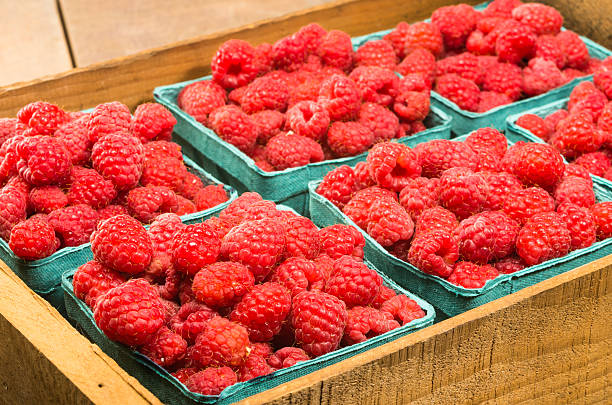 istock Fresh red raspberries on display at the market 537014549
